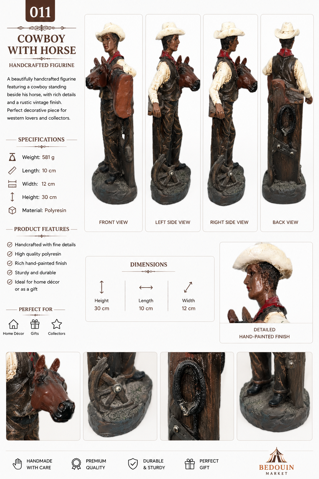 Handcrafted Cowboy with Horse Decorative Figurine – Rustic Western Style Statue