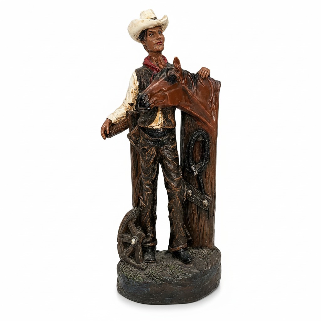Handcrafted Cowboy with Horse Decorative Figurine – Rustic Western Style Statue