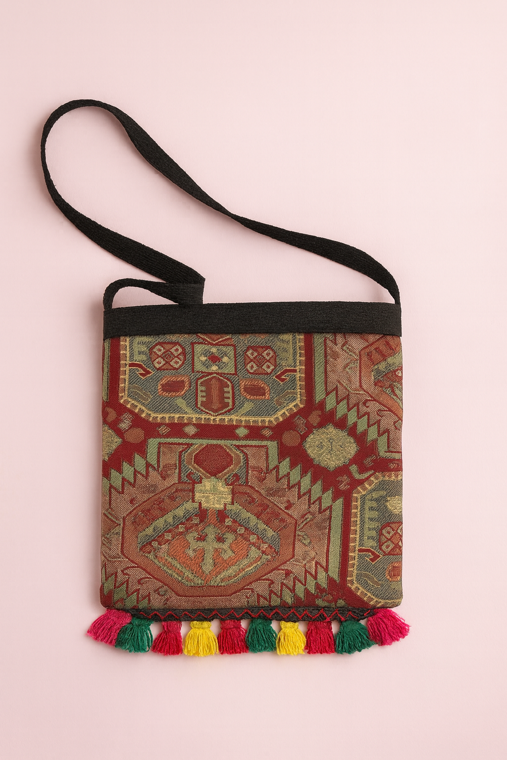 Heritage Tribal Tapestry Shoulder Bag – Handwoven Ethnic Pattern with Multicolor Tassels