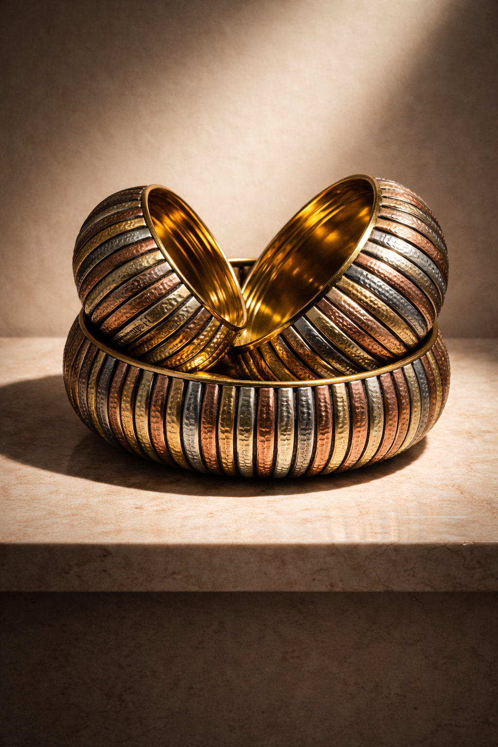 Hand-Hammered Copper, Silver & Brass Bowl Set