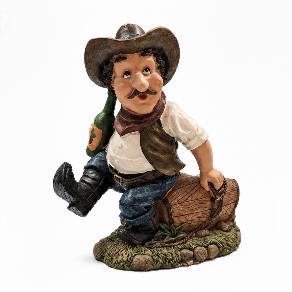 Whimsical Cowboy Bottle Holder & Rustic Barrel Catchall Figurine