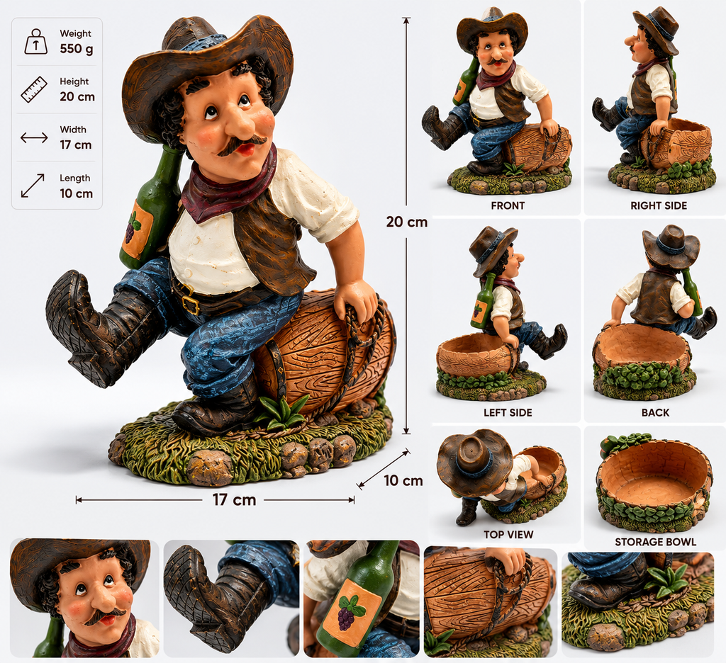 Whimsical Cowboy Bottle Holder & Rustic Barrel Catchall Figurine