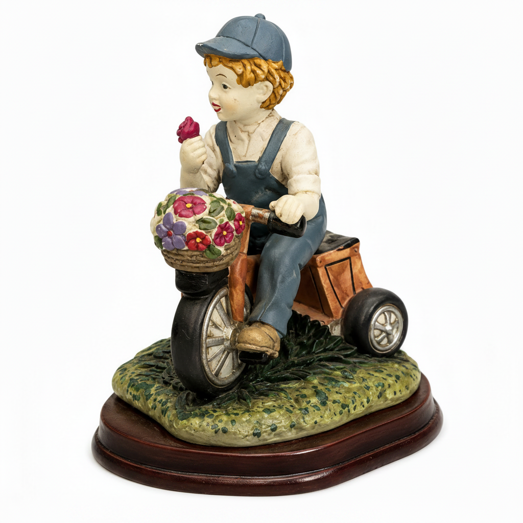 Vintage Boy on Tricycle Figurine with Flower Basket & Rose – Hand-Painted Polyresin Decorative Sculpture