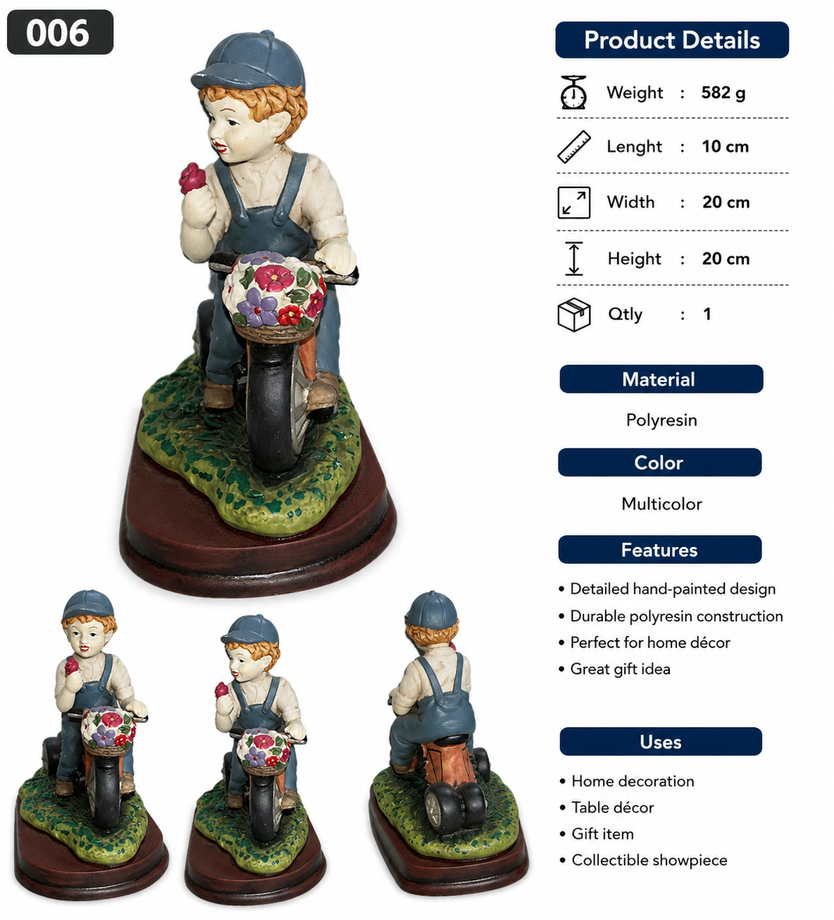 Vintage Boy on Tricycle Figurine with Flower Basket & Rose – Hand-Painted Polyresin Decorative Sculpture
