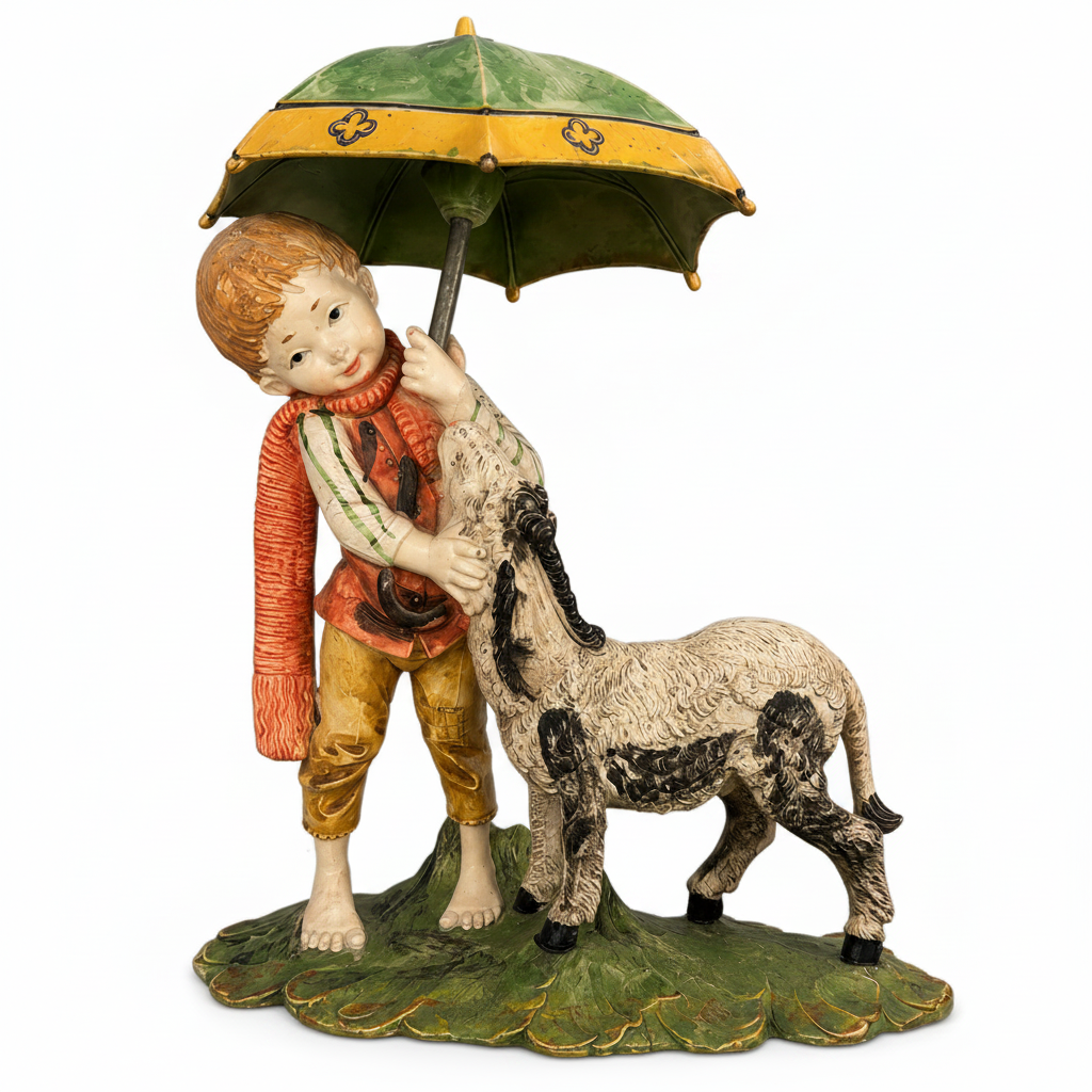 Child with Umbrella & Lamb Hand-Painted Polyresin Figurine