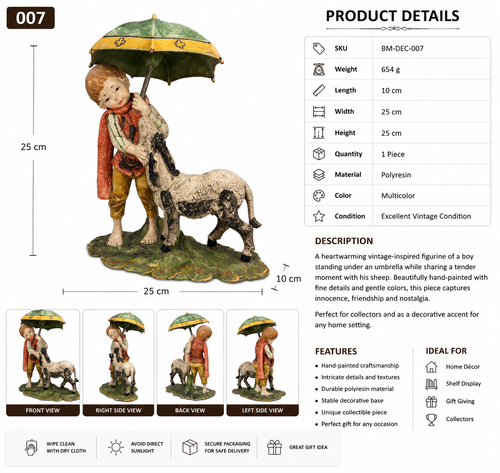Child with Umbrella & Lamb Hand-Painted Polyresin Figurine