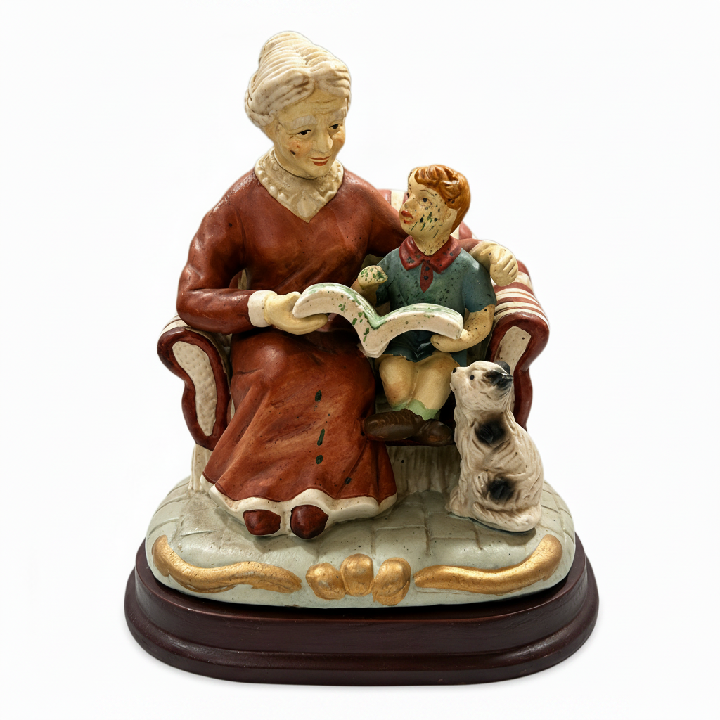 Vintage Grandmother Reading with Child & Dog Figurine – Hand Painted Collectible Sculpture