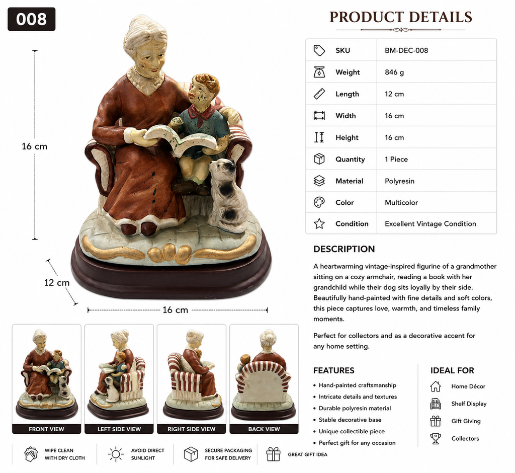 Vintage Grandmother Reading with Child & Dog Figurine – Hand Painted Collectible Sculpture