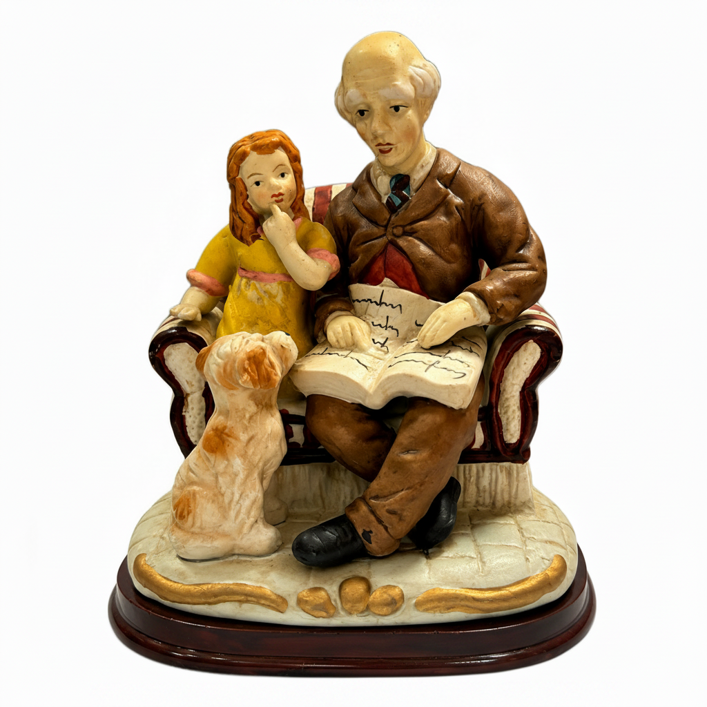 Vintage Grandfather Reading to Granddaughter Figurine with Dog – Hand-Painted Decorative Sculpture