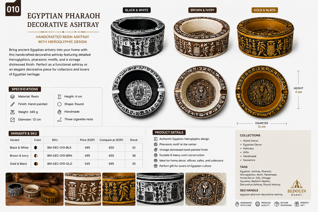 Egyptian Pharaoh Decorative Ashtray – Handcrafted Resin Ashtray with Hieroglyphic Design