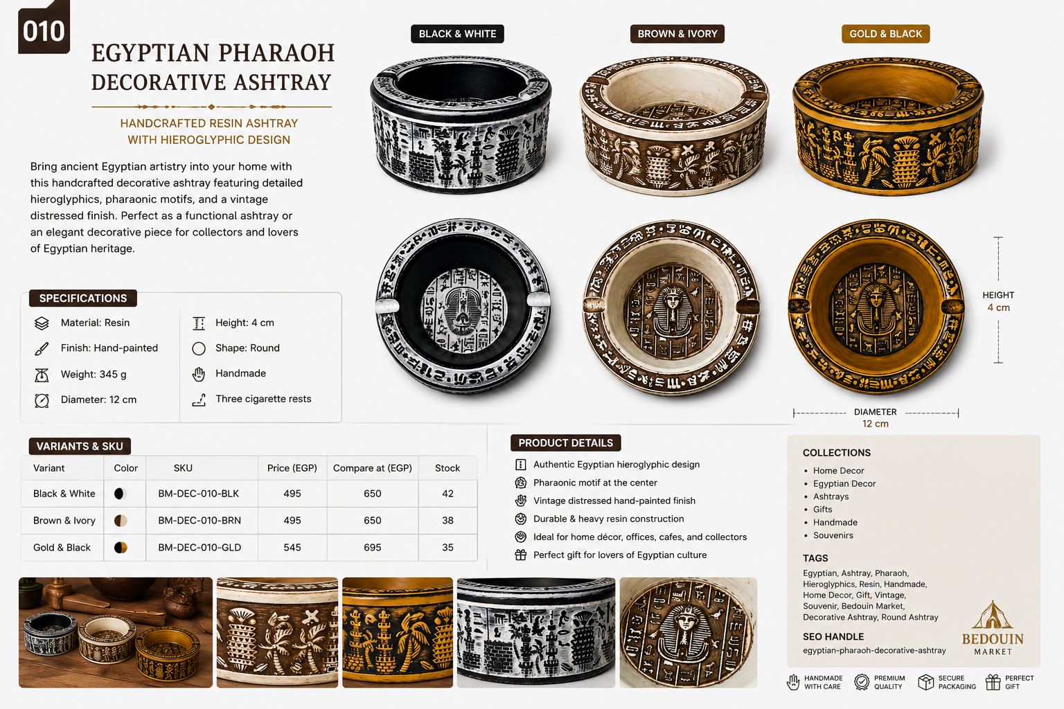 Egyptian Pharaoh Decorative Ashtray – Handcrafted Resin Ashtray with Hieroglyphic Design