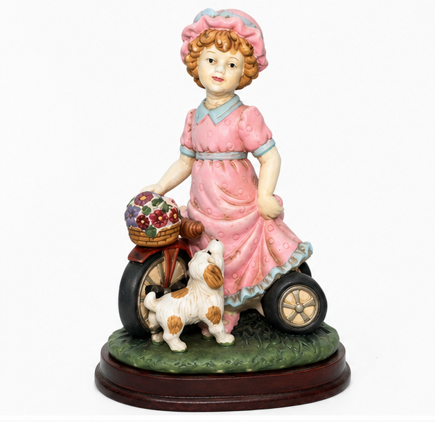 Vintage Hand-Painted Little Girl with Tricycle & Dog Figurine