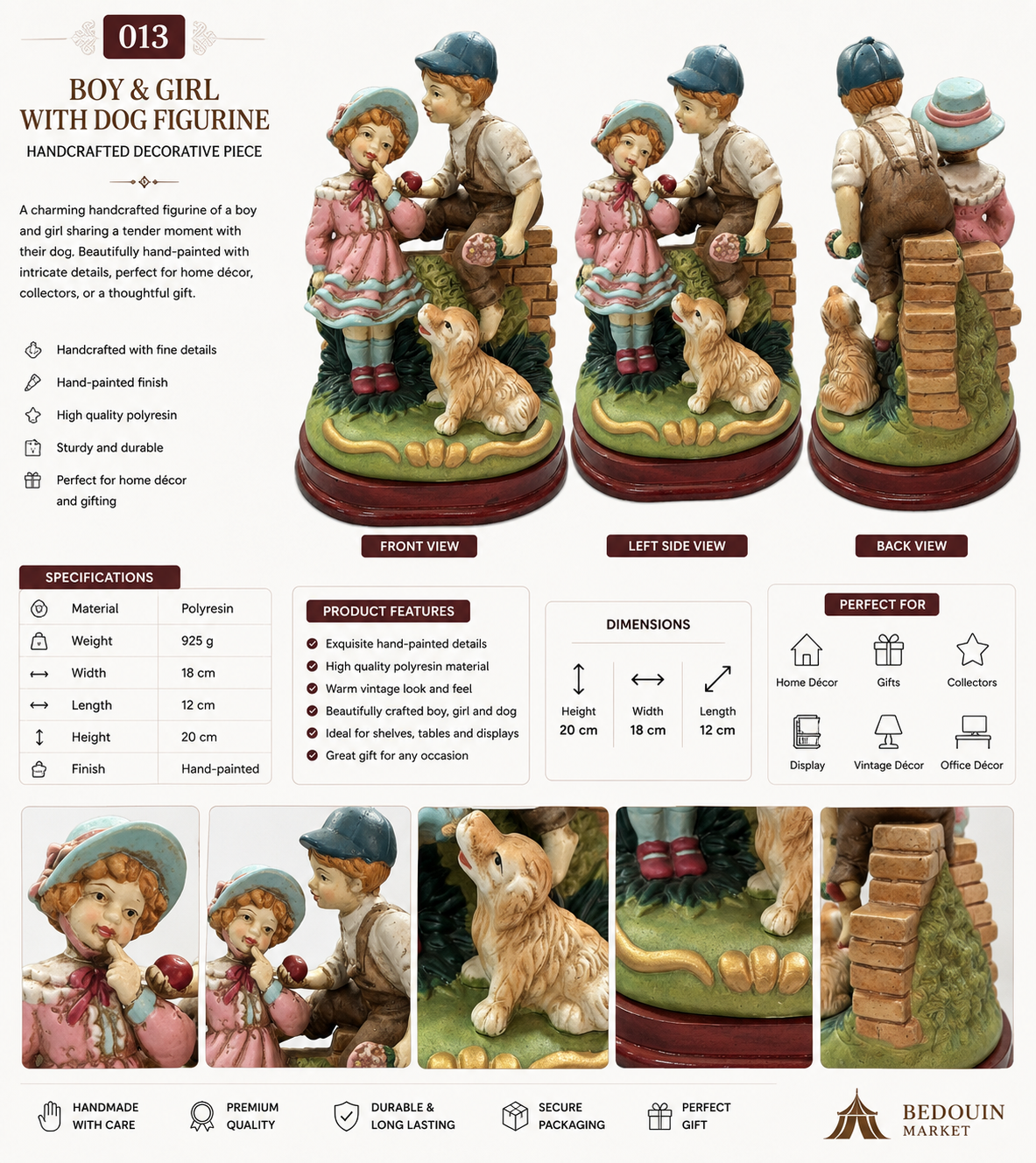 Vintage Boy & Girl with Dog Figurine – Hand-Painted Polyresin Decorative Statue