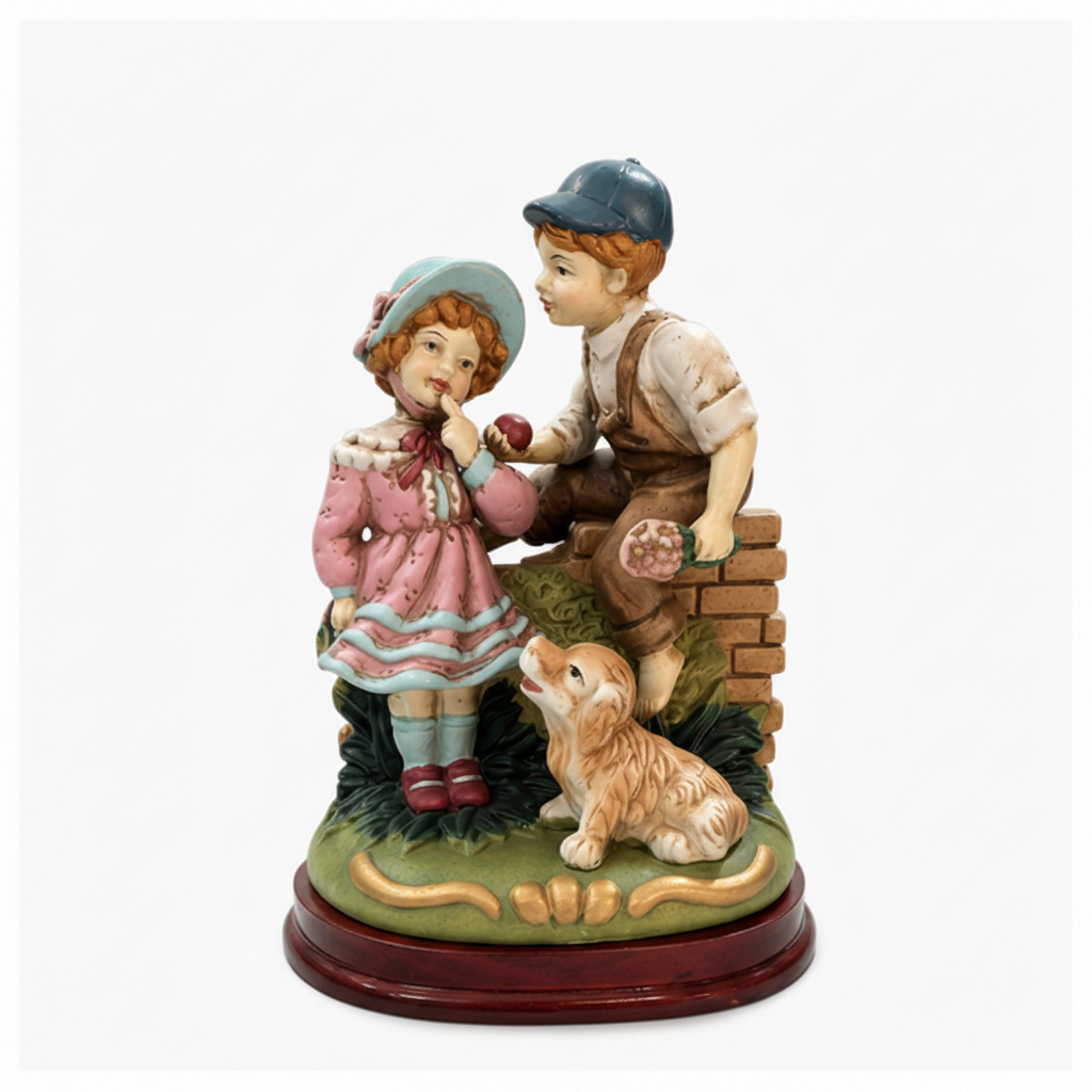 Vintage Boy & Girl with Dog Figurine – Hand-Painted Polyresin Decorative Statue