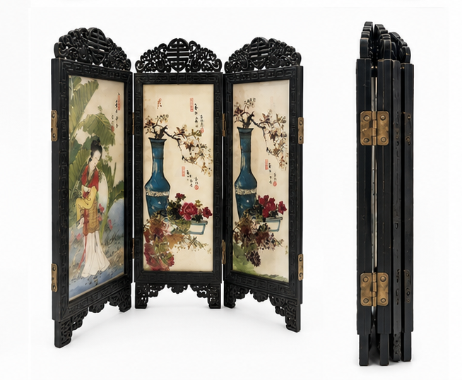 Handcrafted Three-Panel Oriental Mini Folding Screen – Vintage Chinese Style Decorative Table Screen