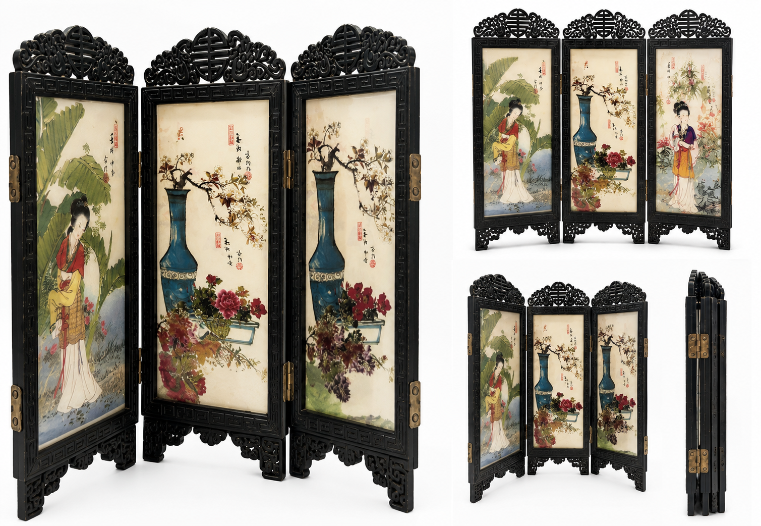 Handcrafted Three-Panel Oriental Mini Folding Screen – Vintage Chinese Style Decorative Table Screen