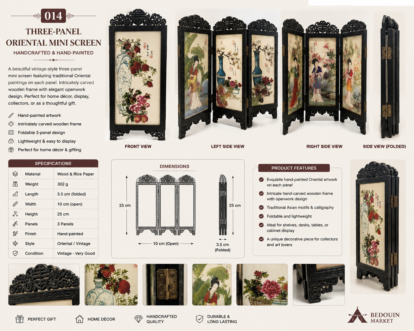 Handcrafted Three-Panel Oriental Mini Folding Screen – Vintage Chinese Style Decorative Table Screen